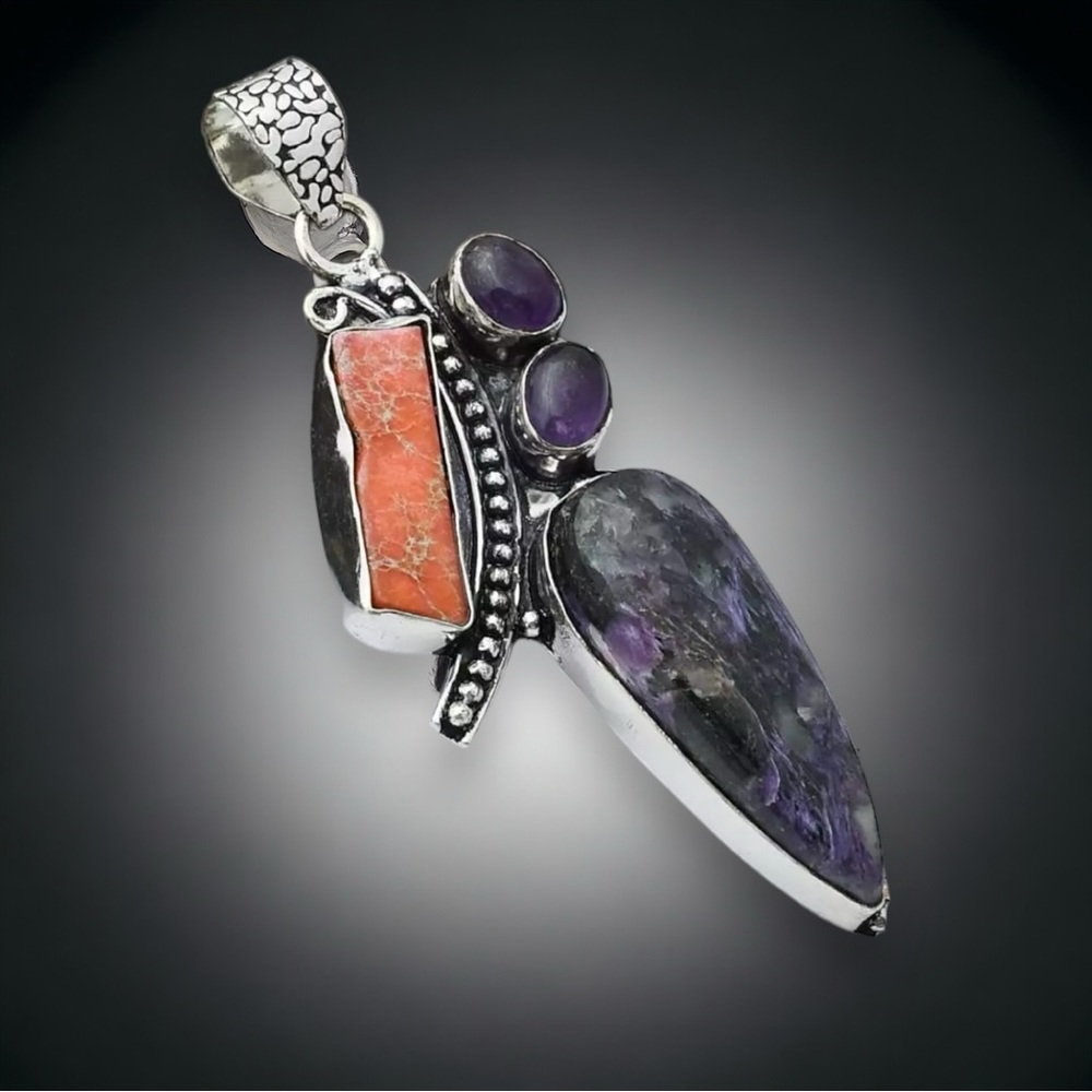 Stunning Charoite & Amethyst Silver Pendant